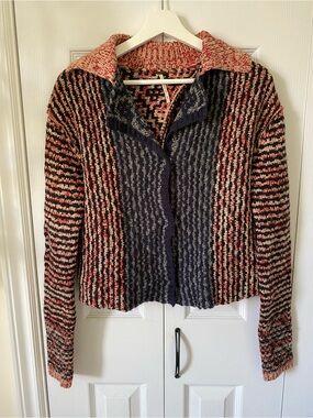 Free People Vintage Split Back Wool Blend Cardigan Navy Burgundy snap front S